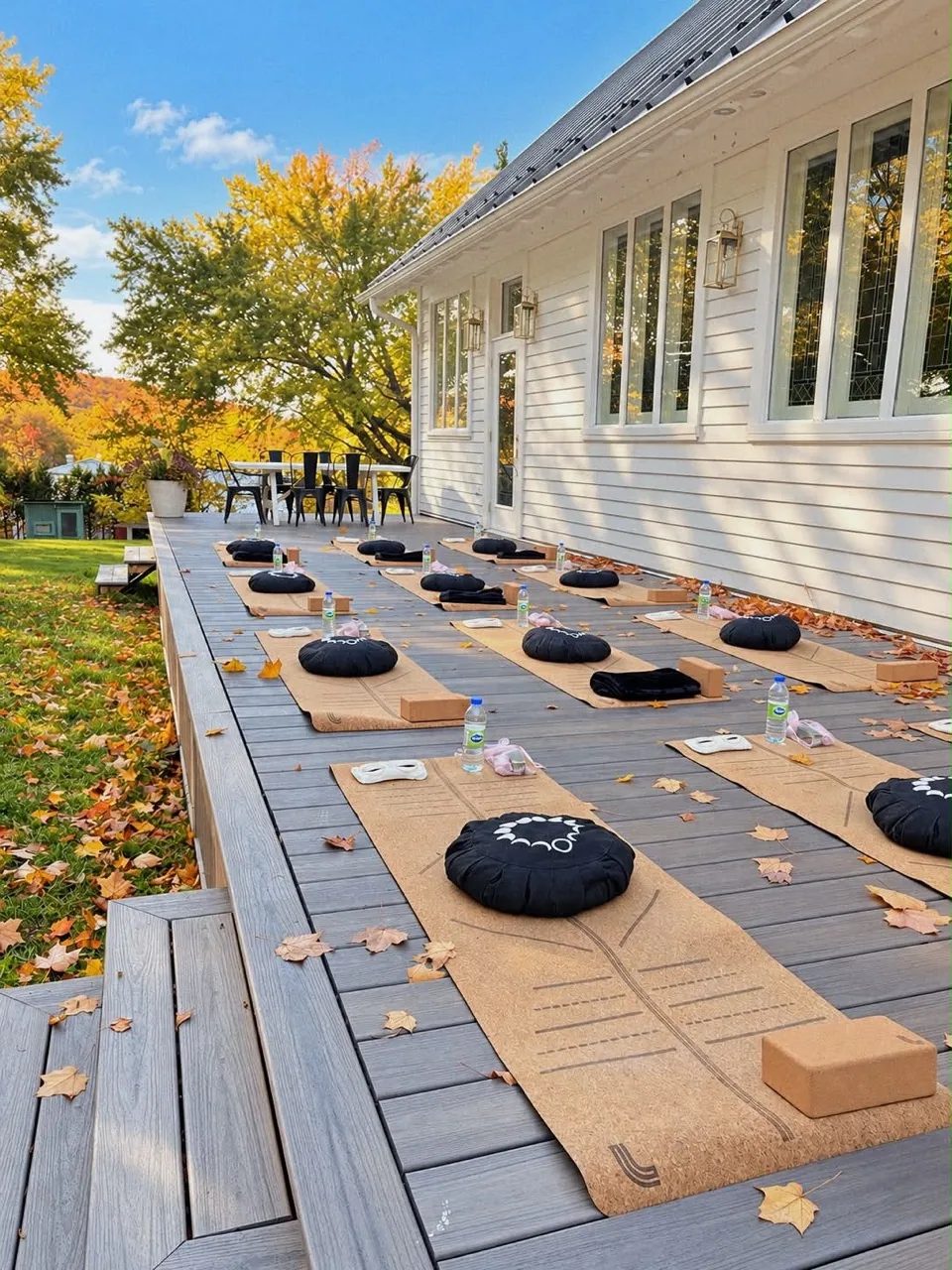 La terrasse du Château, ses tapis et coussins parmi les feuilles d’automne, en photo d’ambiance